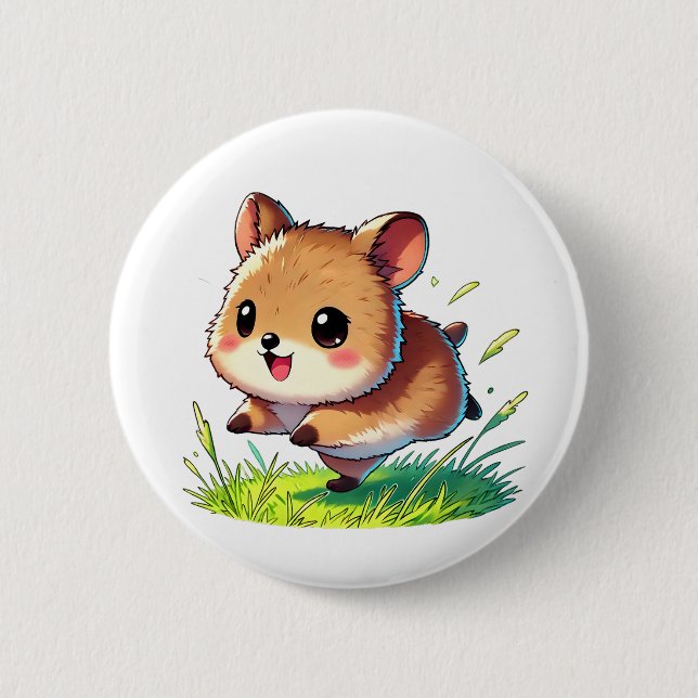 Adorable quokka with wide smile running 6 cm round badge (Front)