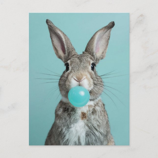 Adorable Rabbit Chewing Blue Bubble Gum Postcard (Front)