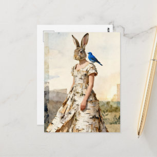 Adorable rabbit in birch bark dress with bluebird postcard