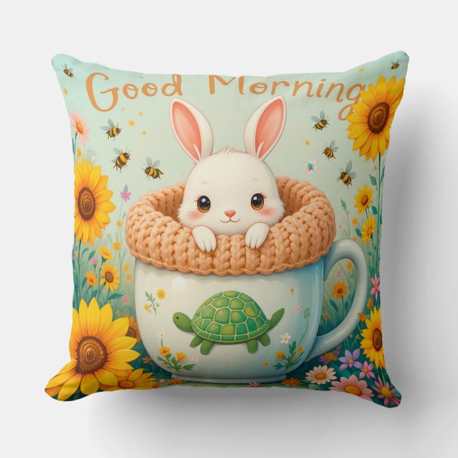 Adorable Rabbit in Mug Surrounded by Sunflowers Cushion (Front)