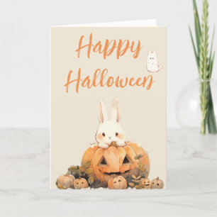 Adorable Rabbit in Pumpkin Patch #2 Halloween Holiday Card