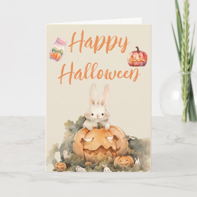 Adorable Rabbit in Pumpkin Patch Halloween  Holiday Card (Front)
