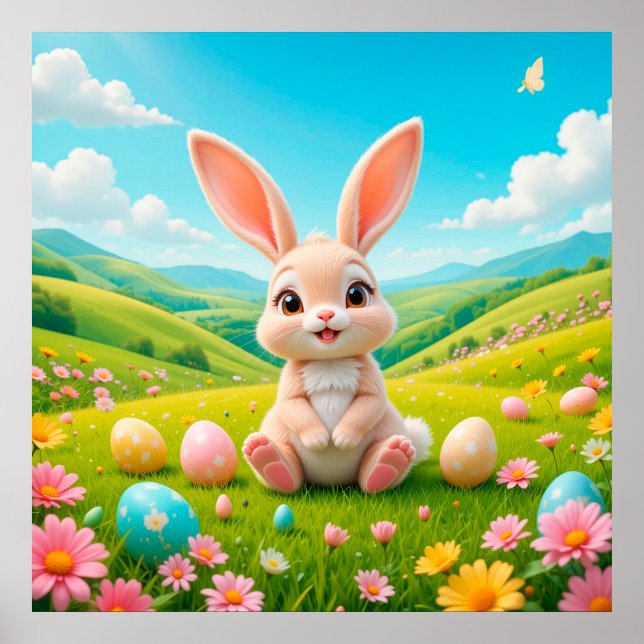 Adorable Rabbit in Spring Meadow Flowers Nursery Poster (Front)