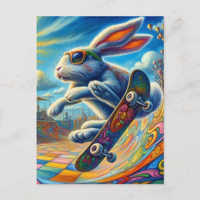 Adorable Rabbit Skateboarding Postcard (Front)