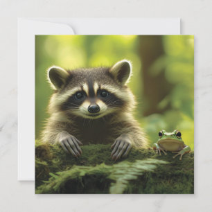 Adorable Raccoon and Frog Peeking Over Mossy Log i Holiday Card