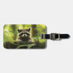 Adorable Raccoon and Frog Peeking Over Mossy Log i Luggage Tag