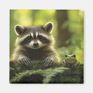 Adorable Raccoon and Frog Peeking Over Mossy Log i Magnet