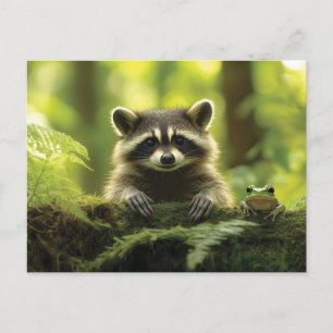 Adorable Raccoon and Frog Peeking Over Mossy Log i Postcard