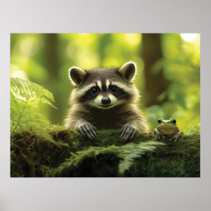 Adorable Raccoon and Frog Peeking Over Mossy Log i Poster