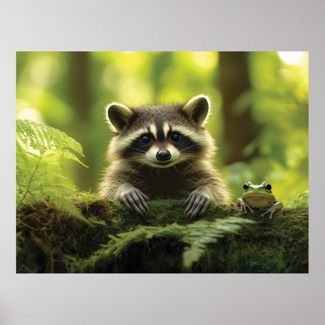 Adorable Raccoon and Frog Peeking Over Mossy Log i Poster (Front)