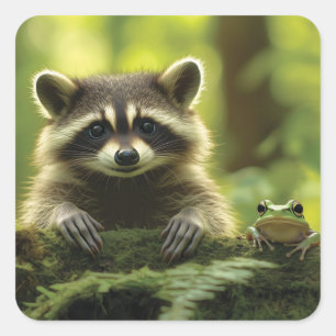 Adorable Raccoon and Frog Peeking Over Mossy Log i Square Sticker