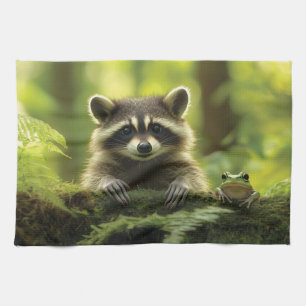 Adorable Raccoon and Frog Peeking Over Mossy Log i Tea Towel