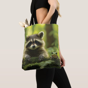 Adorable Raccoon and Frog Peeking Over Mossy Log i Tote Bag