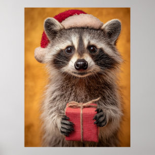 Adorable Raccoon in a Santa Hat Holding a Present Poster