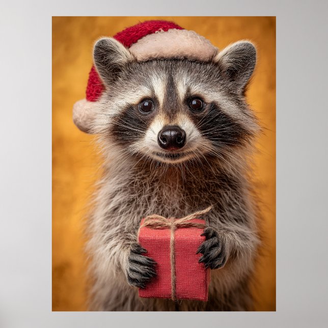 Adorable Raccoon in a Santa Hat Holding a Present Poster (Front)