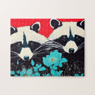 Adorable Raccoons With Blue Flowers Jigsaw Puzzle