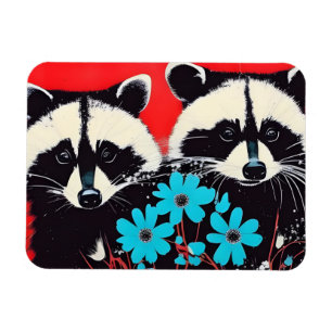 Adorable Raccoons With Blue Flowers Red Background Magnet
