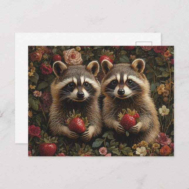Adorable Raccoons With Strawberries Postcard (Front/Back)