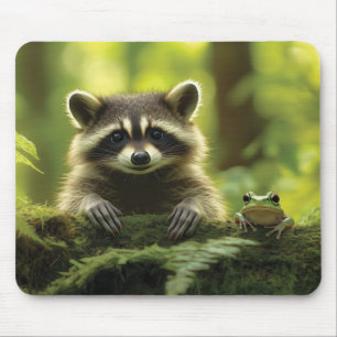 Adorable Racoon and Frog Peeking Over Mossy Log i Mouse Pad