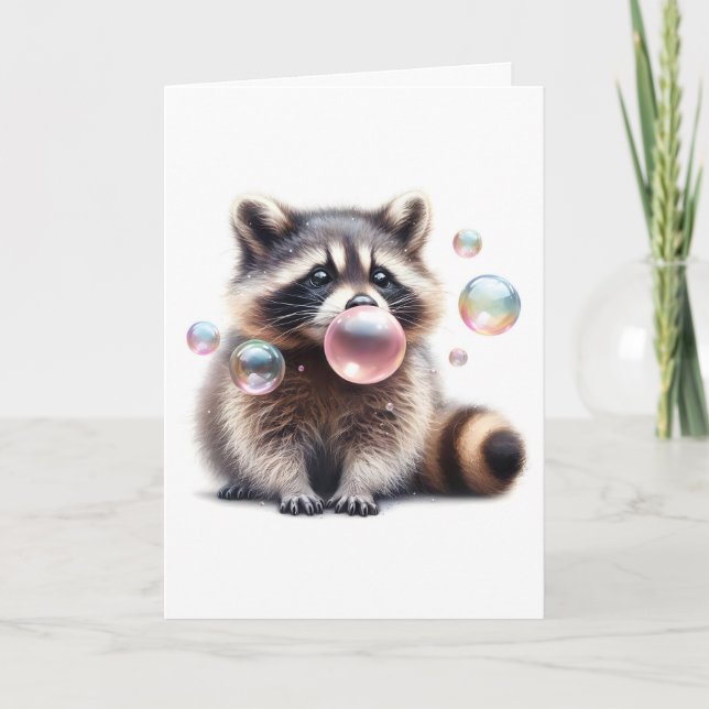 Adorable Racoon Blowing Bubble Gum Blank Greeting Card (Front)