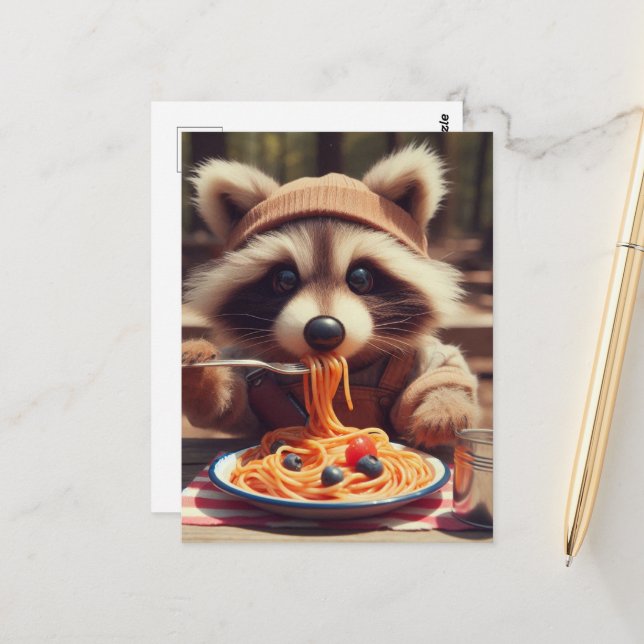 Adorable Racoon Eats Spaghetti Postcard (Front/Back In Situ)