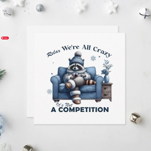 Adorable racoon lounging on a cosy couch. holiday card