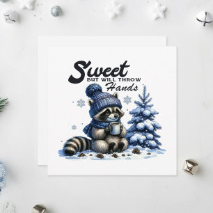 Adorable racoon sipping hot tea in the snow. Holiday Card