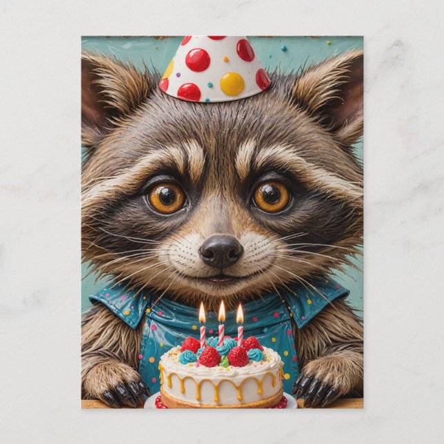 Adorable Racoon With a Birthday Cake Postcard (Front)