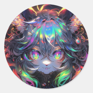 Adorable Rainbow Catgirl Furry Anime Classic Round Sticker