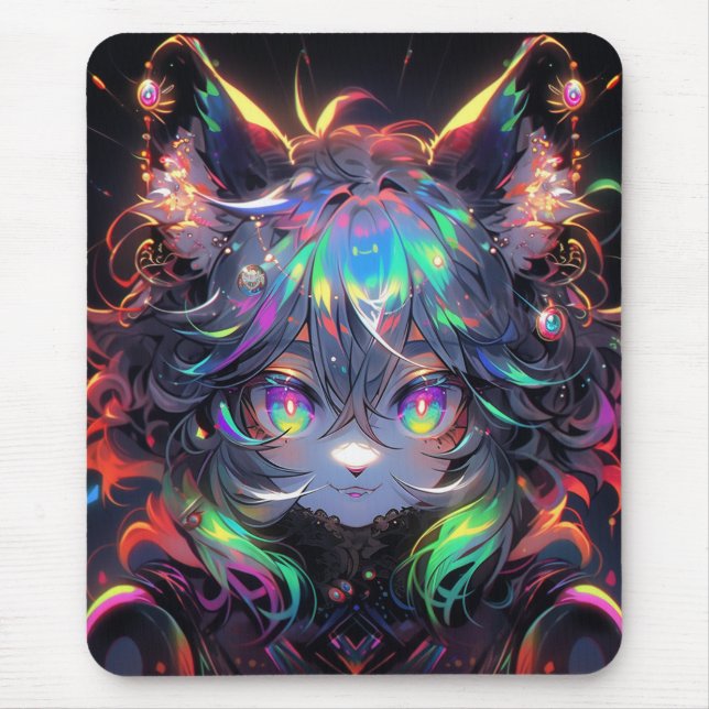 Adorable Rainbow Catgirl Furry Anime Mouse Pad (Front)