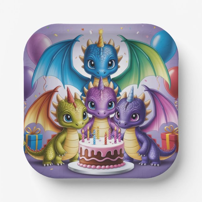 Adorable Rainbow Dragons Paper Plate (Front)