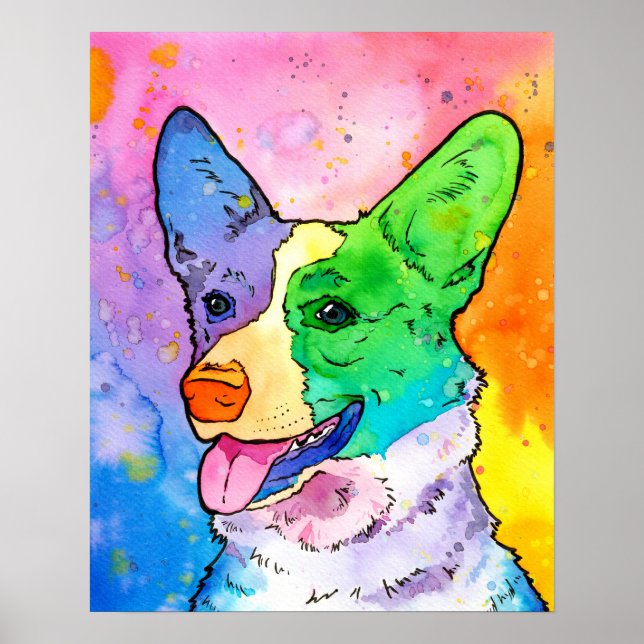 Adorable Rainbow Watercolor Corgi Poster (Front)