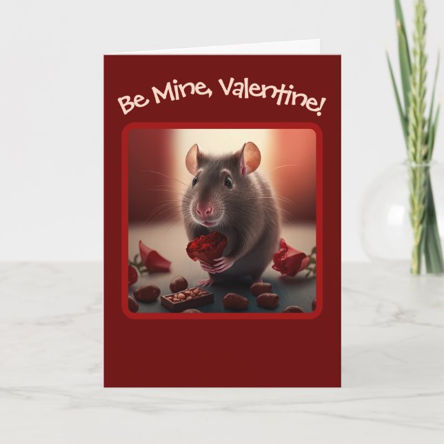 Adorable Rat with Red Flowers Valentine's Day Holiday Card (Front)