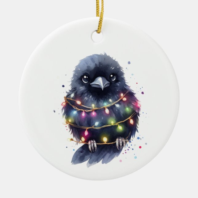 Adorable Raven Christmas Ceramic Ornament (Front)