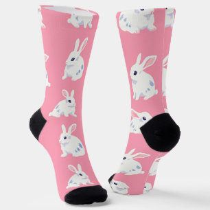 Adorable Realistic White Bunny, Pink Pattern  Socks