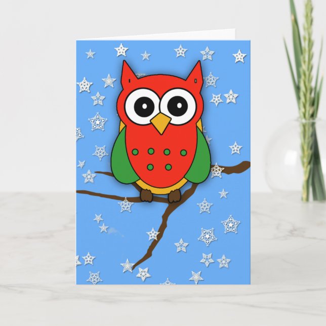 Adorable Red and Green Owl for Christmas Holiday Card (Front)
