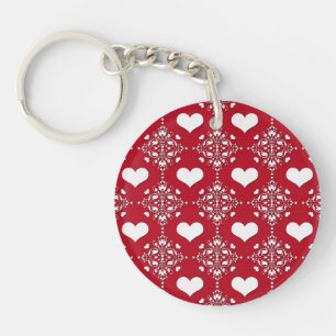 Adorable Red and White Damask with Hearts Key Ring