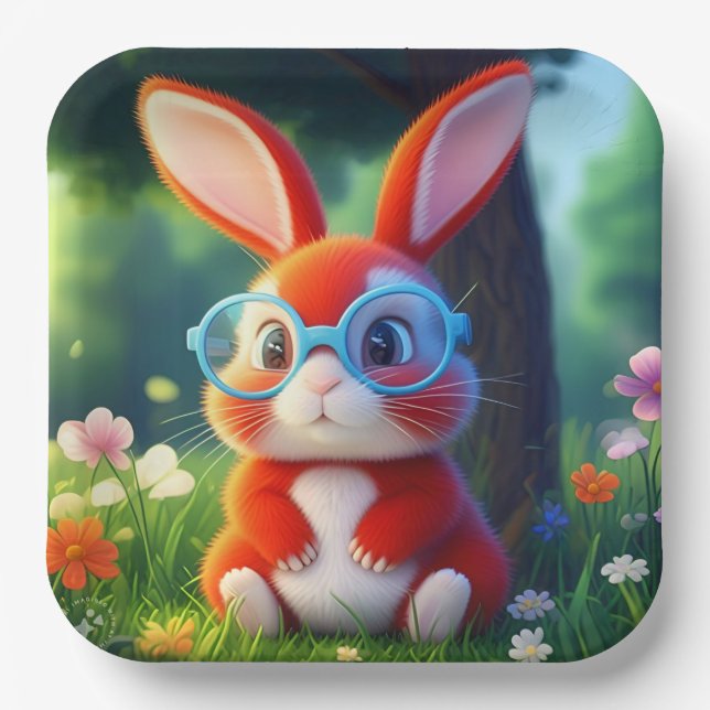 Adorable Red Bunny Sitting under Tree Paper Plate (Front)