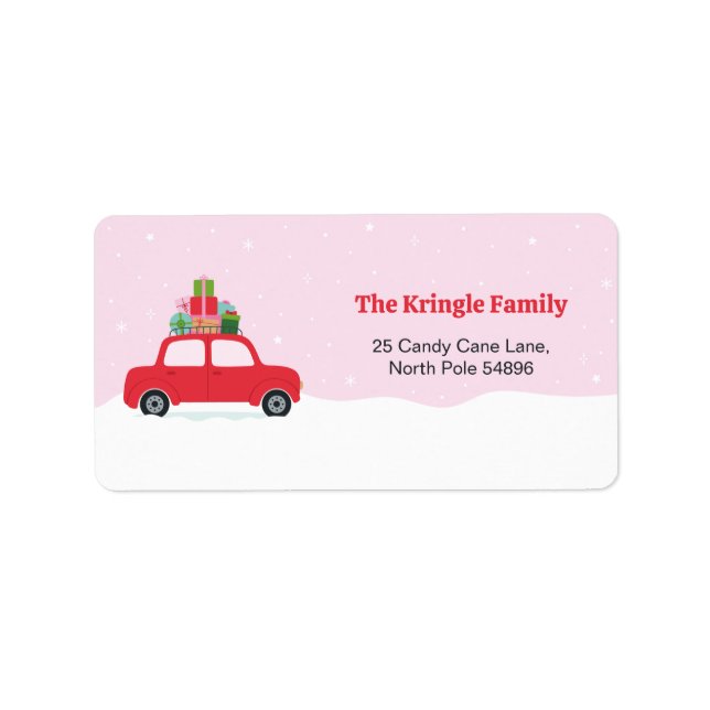 Adorable Red Car with Christmas Gifts in Pink Label (Front)