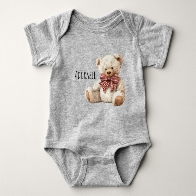 Adorable Red Cream Teddy Bear Baby Bodysuit (Front)