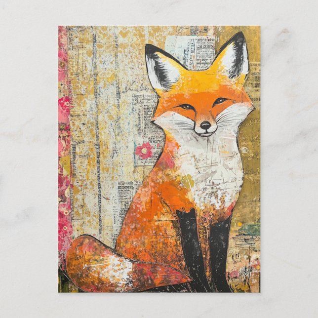Adorable Red Fox Mixed Media Postcard (Front)