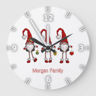 Adorable Red Gnomes Christmas Large Clock