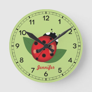 Adorable Red Ladybug Insect With Custom Name Round Clock