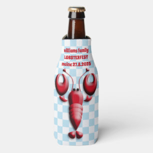 Adorable Red Lobster Heart Pincers Blue Checkered Bottle Cooler