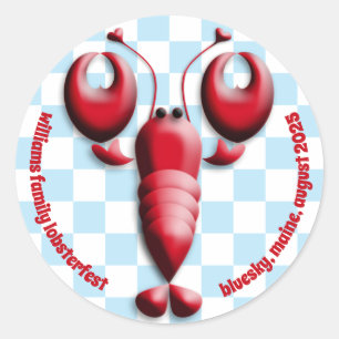 Adorable Red Lobster Heart Pincers Blue Chequered Classic Round Sticker