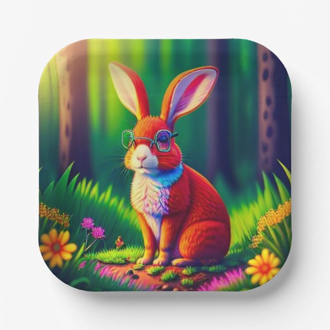 Adorable Red Rabbit Sitting on Grass Paper Plate (Front)