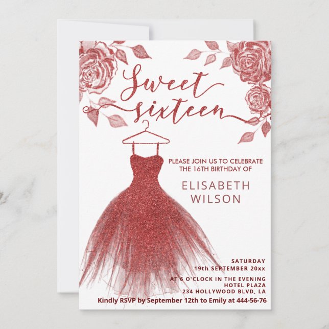 Adorable Red roses red glittery dress  Invitation (Front)
