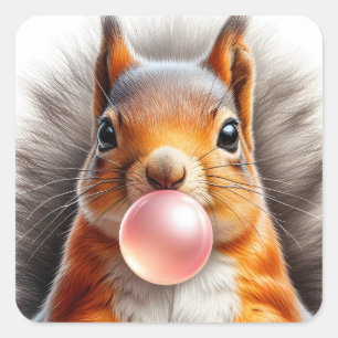 Adorable Red Squirrel Blowing Bubble Gum  Square Sticker