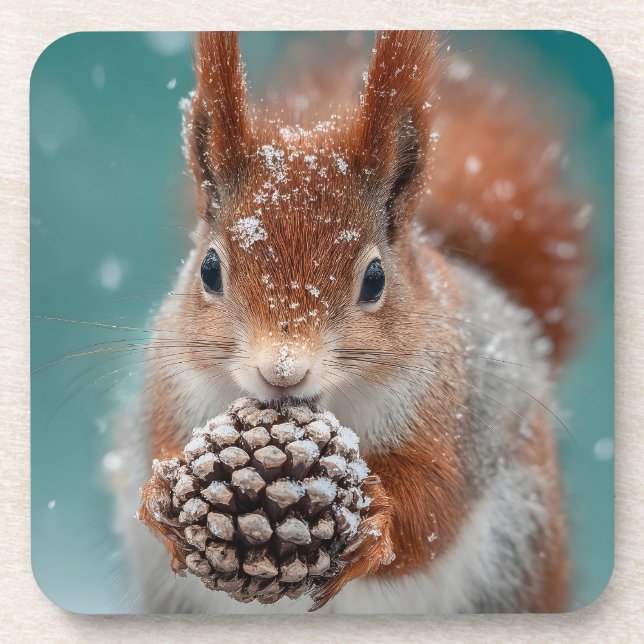 Adorable Red Squirrel in the Snow with a Pinecone Coaster (Front)