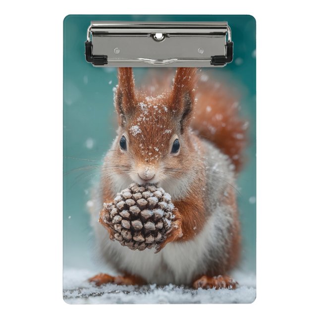 Adorable Red Squirrel in the Snow with a Pinecone Mini Clipboard (Front)